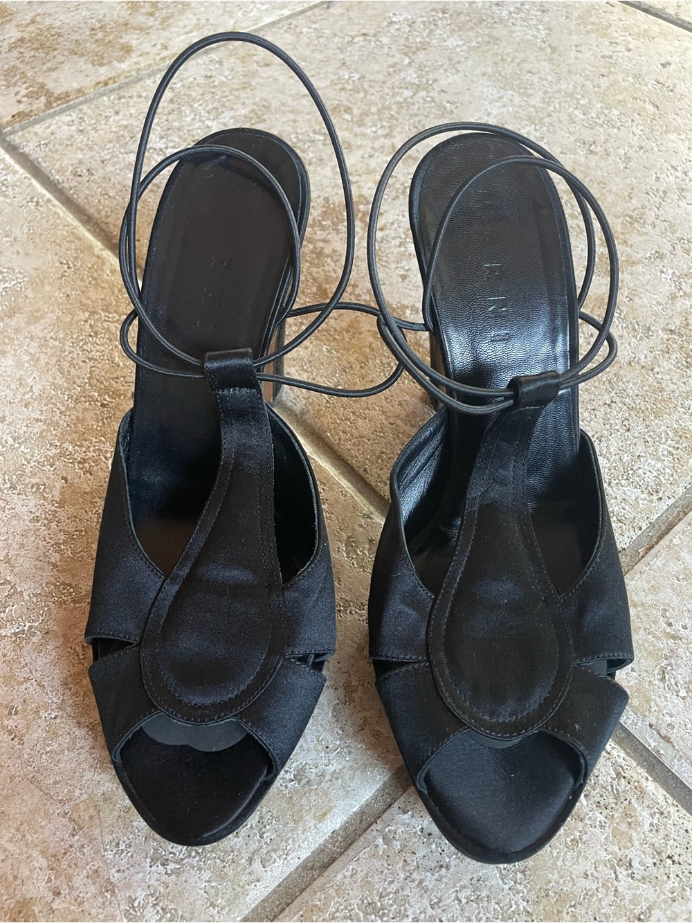 Marni Black Satin Peep-Toe Ankle-Tie Heels